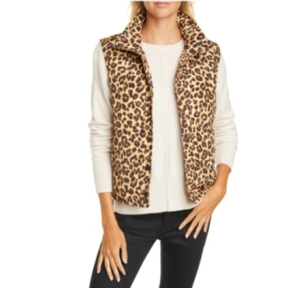 Veronica Beard Snap Front Puffer Vest Brown Leopard - Picture 10 of 10